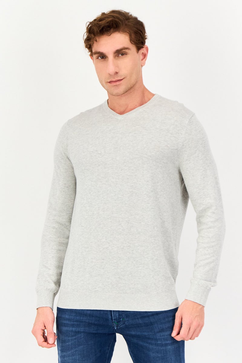 Celio Men V Neck Heather Sweater, Grey - Image 1