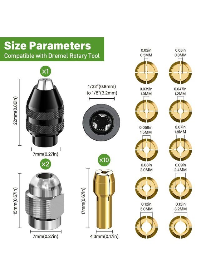FOTYBEI 15PCS Drill Chuck Collet Set for Dremel, Rotary Tool, 0.8-3.2mm Shank Replacement, Keyless Quick Change Chuck, Metal Nut, Brass Collet - Image 4