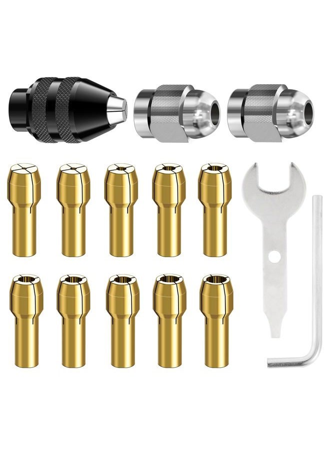 FOTYBEI 15PCS Drill Chuck Collet Set for Dremel, Rotary Tool, 0.8-3.2mm Shank Replacement, Keyless Quick Change Chuck, Metal Nut, Brass Collet - Image 1