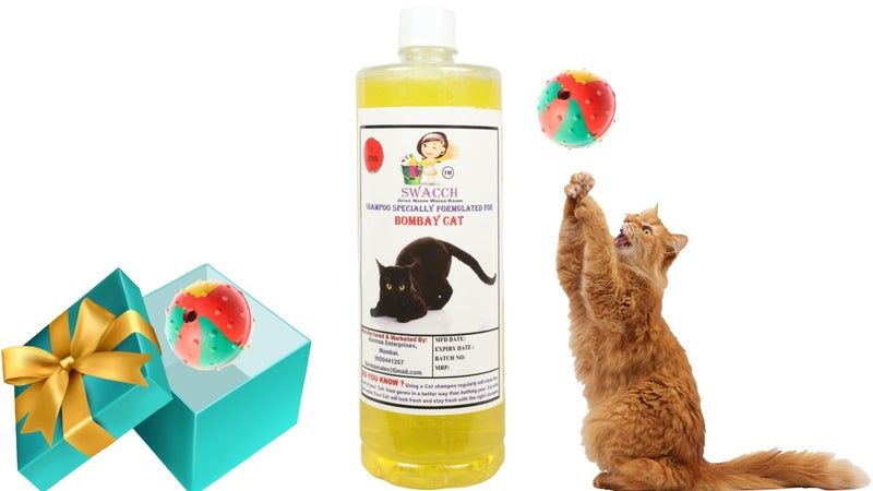 swacch Bombay Cat Shampoo + Rubber Musical Ball I Chew Playing Rubber Ball I Interactive Cat Toy Balls I Training & Play I Combo Pack I 1 Litre Lemon - Image 1