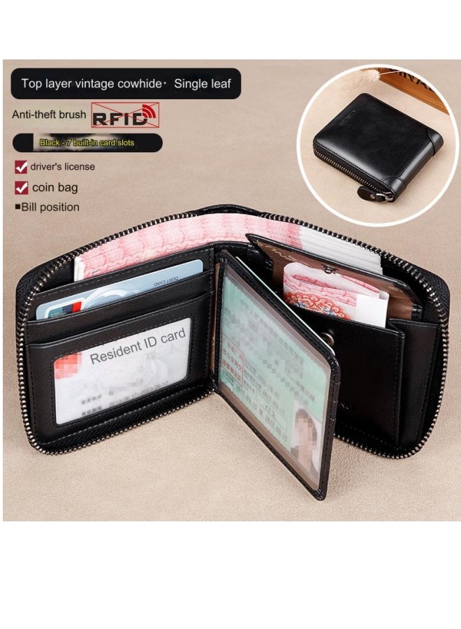 بانيانو محفظة قصيرة من الجلد الطبيعي ذات سعة كبيرة للرجال متعددة الوظائف من جلد البقر باللون الأسود بنمط أوراق فضفاضة واحدة - Image 2