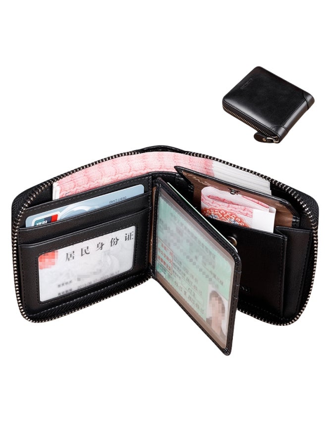 بانيانو محفظة قصيرة من الجلد الطبيعي ذات سعة كبيرة للرجال متعددة الوظائف من جلد البقر باللون الأسود بنمط أوراق فضفاضة واحدة - Image 1