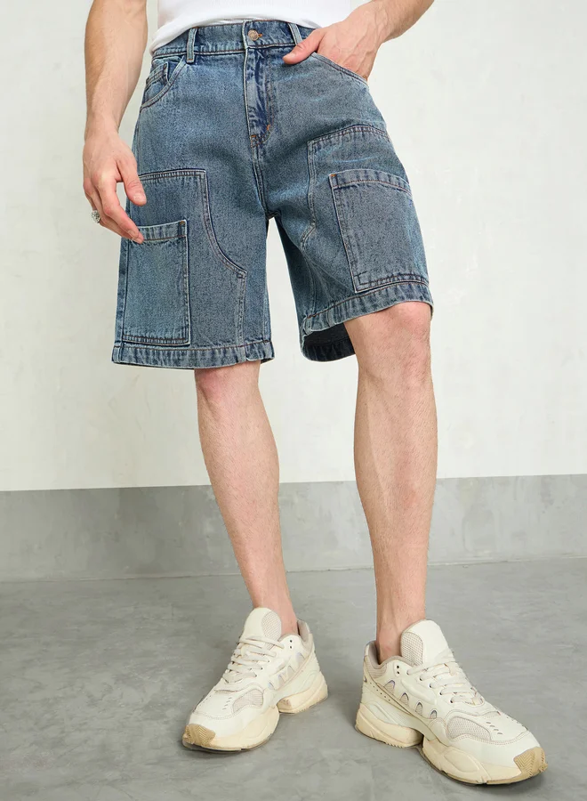 ساسافراس Sassafras Men Blue Washed Denim Relaxed Fit Carpenter Shorts