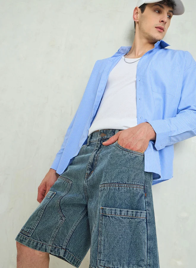 ساسافراس Sassafras Men Blue Washed Denim Relaxed Fit Carpenter Shorts