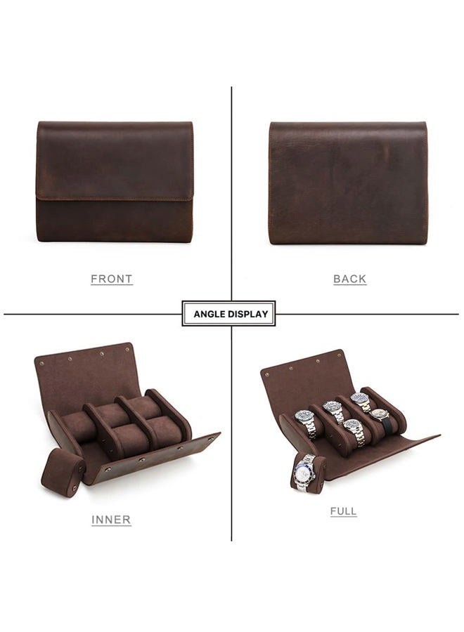 CONTACTS Travel 6 Watch Box, Crazy Horse Leather Watch Case for Men Watch Organizer Storage Display Protector Brown Watch Roll Pouch - Image 4