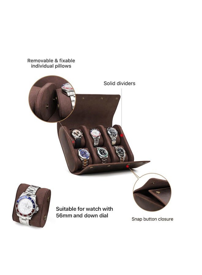 CONTACTS Travel 6 Watch Box, Crazy Horse Leather Watch Case for Men Watch Organizer Storage Display Protector Brown Watch Roll Pouch - Image 3