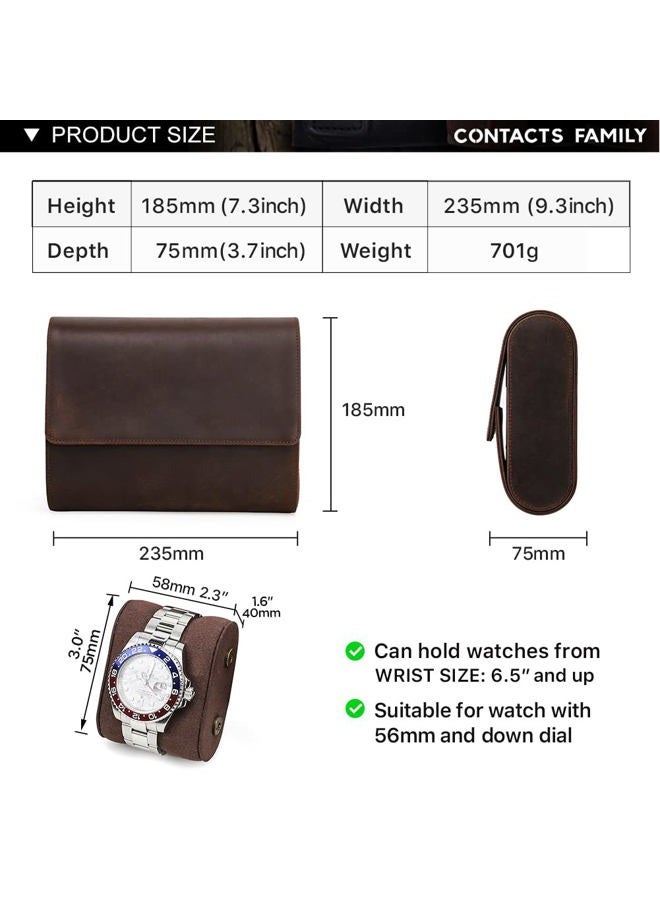 CONTACTS Travel 6 Watch Box, Crazy Horse Leather Watch Case for Men Watch Organizer Storage Display Protector Brown Watch Roll Pouch - Image 2