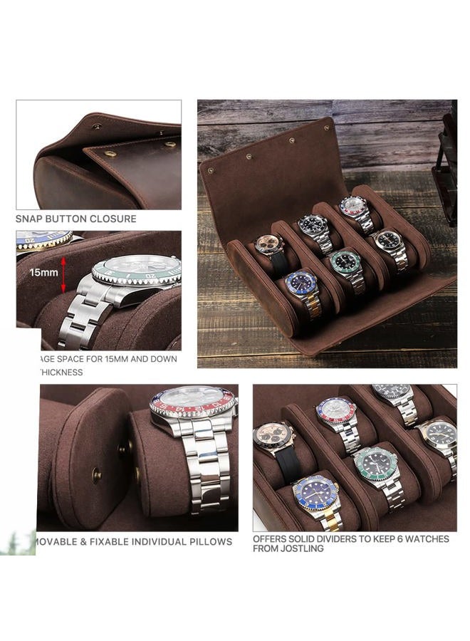 CONTACTS Travel 6 Watch Box, Crazy Horse Leather Watch Case for Men Watch Organizer Storage Display Protector Brown Watch Roll Pouch - Image 5