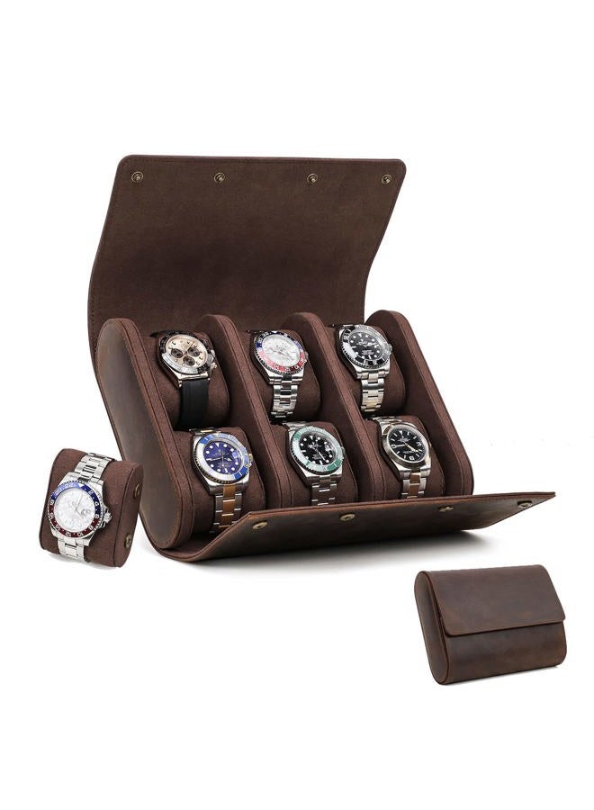 CONTACTS Travel 6 Watch Box, Crazy Horse Leather Watch Case for Men Watch Organizer Storage Display Protector Brown Watch Roll Pouch - Image 1