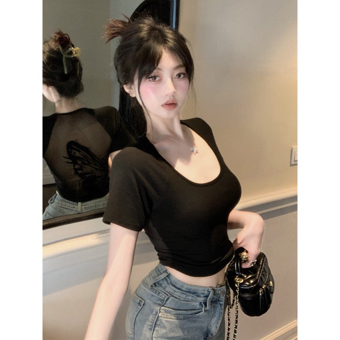 Pure Desire Style Spice Girls Backless Short Top Womens Summer New Design Sense Niche Back Mesh Short-sleeved T-shirt Black