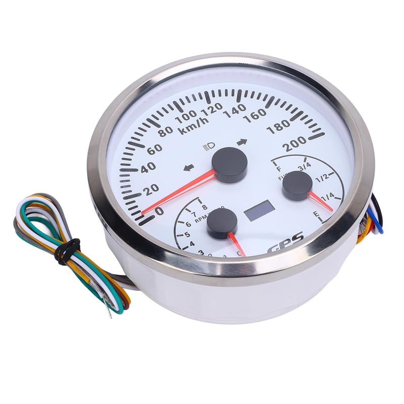 GPS Odometer Tachometer Fuel Level Gauge Combo for RVs Yachts and Trucks, 0 to 200 KMH Speedometer and 0 to 8000 RPM Gauge with Turn Signals, Red Backlight, 110mm, Black Dial (White Dial Silver Bezel - Image 2