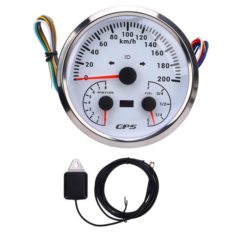 GPS Odometer Tachometer Fuel Level Gauge Combo for RVs Yachts and Trucks, 0 to 200 KMH Speedometer and 0 to 8000 RPM Gauge with Turn Signals, Red Backlight, 110mm, Black Dial (White Dial Silver Bezel - Image 1
