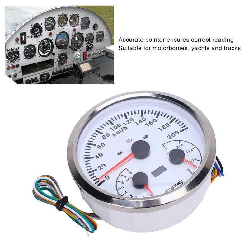 GPS Odometer Tachometer Fuel Level Gauge Combo for RVs Yachts and Trucks, 0 to 200 KMH Speedometer and 0 to 8000 RPM Gauge with Turn Signals, Red Backlight, 110mm, Black Dial (White Dial Silver Bezel - Image 5