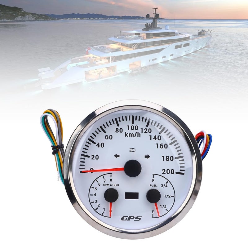 GPS Odometer Tachometer Fuel Level Gauge Combo for RVs Yachts and Trucks, 0 to 200 KMH Speedometer and 0 to 8000 RPM Gauge with Turn Signals, Red Backlight, 110mm, Black Dial (White Dial Silver Bezel - Image 3