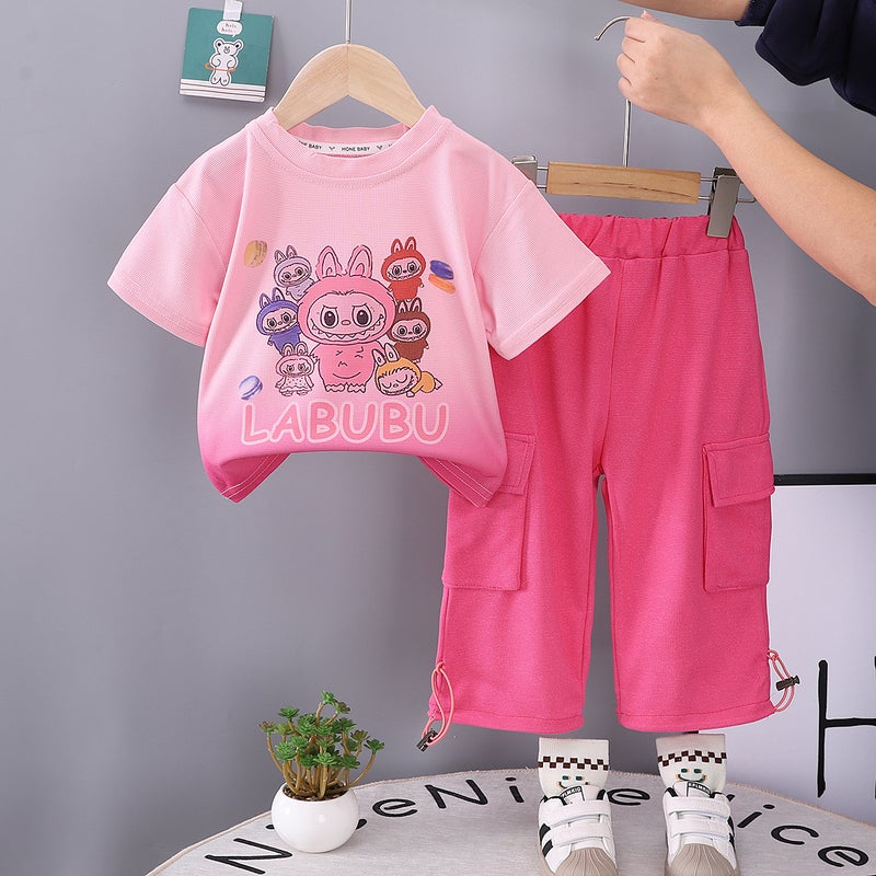 Cross-border special for 2025 summer new children and girls gradient pull cloth printed short sleeve T-shirt pants suit Pink