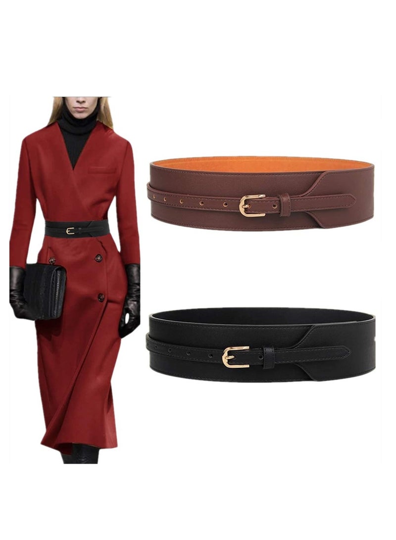 Generic Women Belt, PU Leather Wide Knotted Belt Simple and Versatile Waist Seal Adjustable Perforated Dress Girdle for Wedding Festival Shaping Belt (2, Black Brown) - Image 1