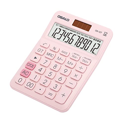 Pendancy Pocket Small Size Desk Calculator, 12 Digit Large LCD Display, Basic Tax Function Handheld Desktop Calculator with Solar Battery Dual Power, Perfect for Office, School, Business OS-12T (Pink) - Image 1
