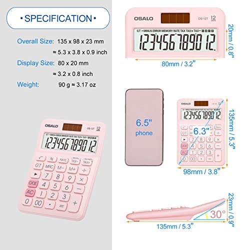 Pendancy Pocket Small Size Desk Calculator, 12 Digit Large LCD Display, Basic Tax Function Handheld Desktop Calculator with Solar Battery Dual Power, Perfect for Office, School, Business OS-12T (Pink) - Image 5