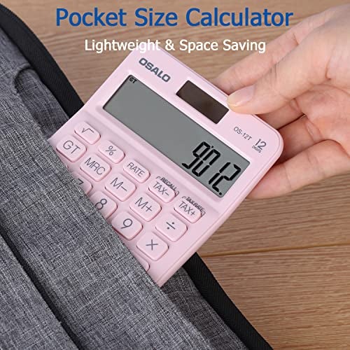 Pendancy Pocket Small Size Desk Calculator, 12 Digit Large LCD Display, Basic Tax Function Handheld Desktop Calculator with Solar Battery Dual Power, Perfect for Office, School, Business OS-12T (Pink) - Image 2