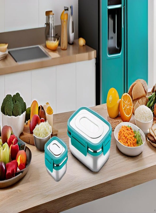 RJ kitchenware Store علبة غداء من الفولاذ المقاوم للصدأ من متجر RJ لأدوات المطبخ، بغطاء محكم الإغلاق مانع للتسرب، مثالية لحفظ وجبات الأطفال الخفيفة، سهلة التنظيف، مناسبة للمكتب والمدرسة والنزهات والسفر، سعة 800+300 مل (أزرق فاتح)، موديل: Everich-RJKS-893 - Image 5