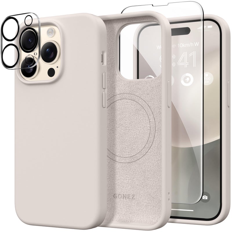 GONEZ for iPhone 14 Pro Case, Compatible with Magsafe, with Screen Protector + Camera Lens Protector, Soft Anti-Scratch Microfiber Lining, Shockproof Liquid Silicone Phone Cover, Stone - Image 1