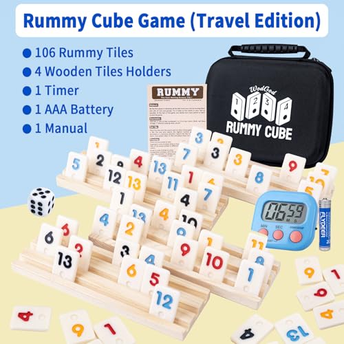 WodGod 4 Player Travel Rummy Cube Game Set Travel Size Rummy Cube Mini Rummy Cube Game with 106 Mini Tiles4 Racks1Timer1 Portable Case for Family Classic Party Game - Image 5