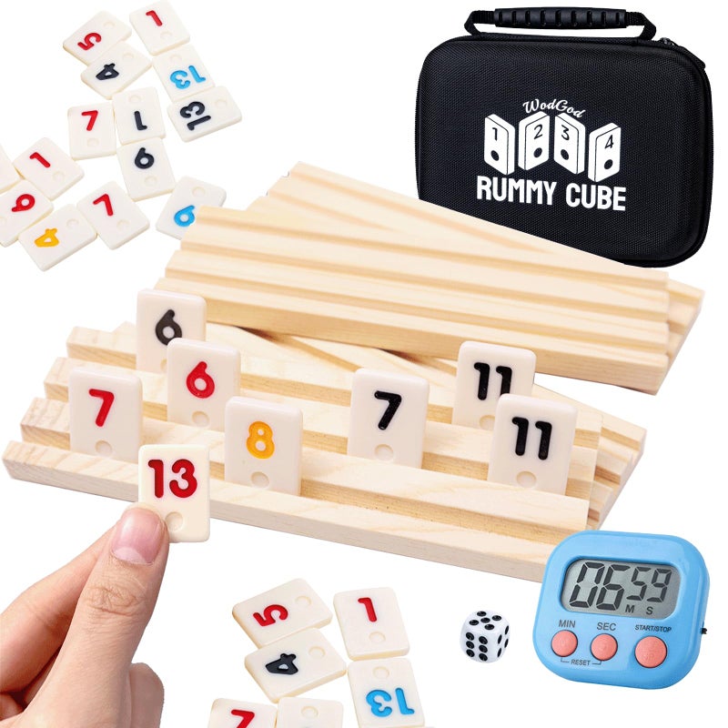 WodGod 4 Player Travel Rummy Cube Game Set Travel Size Rummy Cube Mini Rummy Cube Game with 106 Mini Tiles4 Racks1Timer1 Portable Case for Family Classic Party Game - Image 3