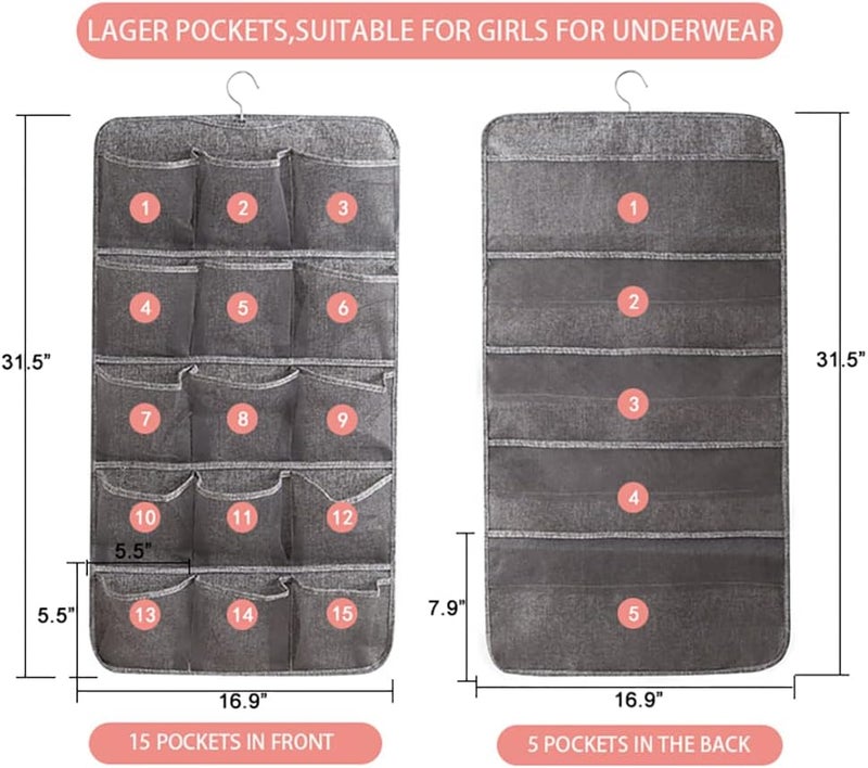 Bseash Enlarged Closet Hanging Bra Organizer with Rotating Metal Hanger, Dual Sided Wall Shelf Wardrobe Mesh Pockets Hanging Storage Bag for Bra Socks Underwear Underpants - Image 2