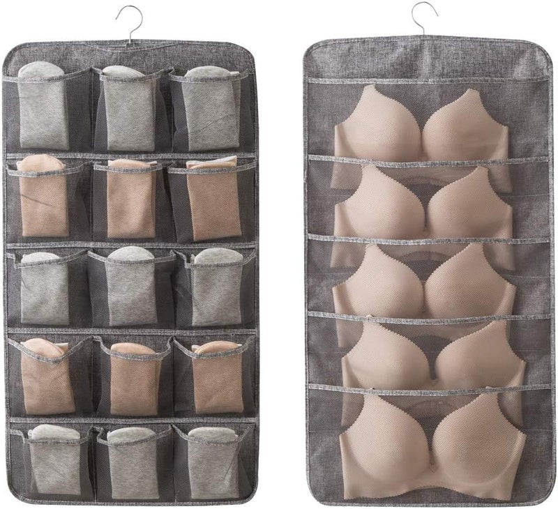 Bseash Enlarged Closet Hanging Bra Organizer with Rotating Metal Hanger, Dual Sided Wall Shelf Wardrobe Mesh Pockets Hanging Storage Bag for Bra Socks Underwear Underpants - Image 1
