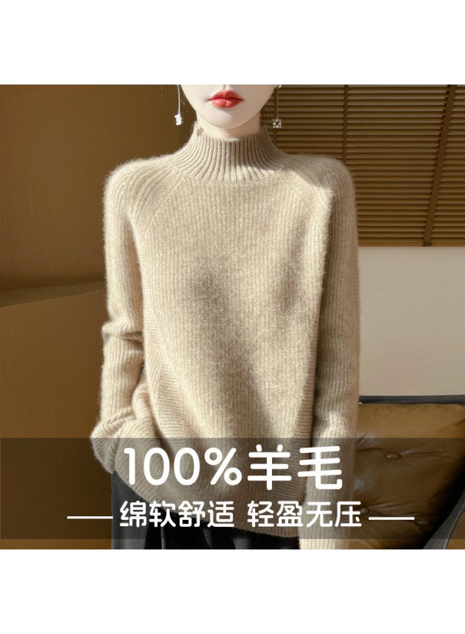 XINYANG 100% Wool Semi-Turtle Neck Thick Sleeve Striped Knit Sweater Women'S 2025 Autumn Sweater - Image 2
