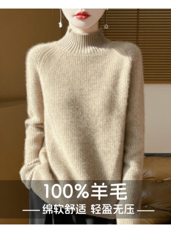 XINYANG 100% Wool Semi-Turtle Neck Thick Sleeve Striped Knit Sweater Women'S 2025 Autumn Sweater - Image 1