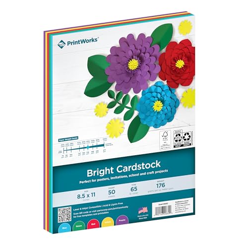 PrintWorks Bright Cardstock 8.5" x 11" - 50 Sheets - 5 Assorted Primary Colors - Ideal for School & Craft Projects - 65 lb/176 gsm - Made in the USA - FSC® Certified (00682) - Image 1