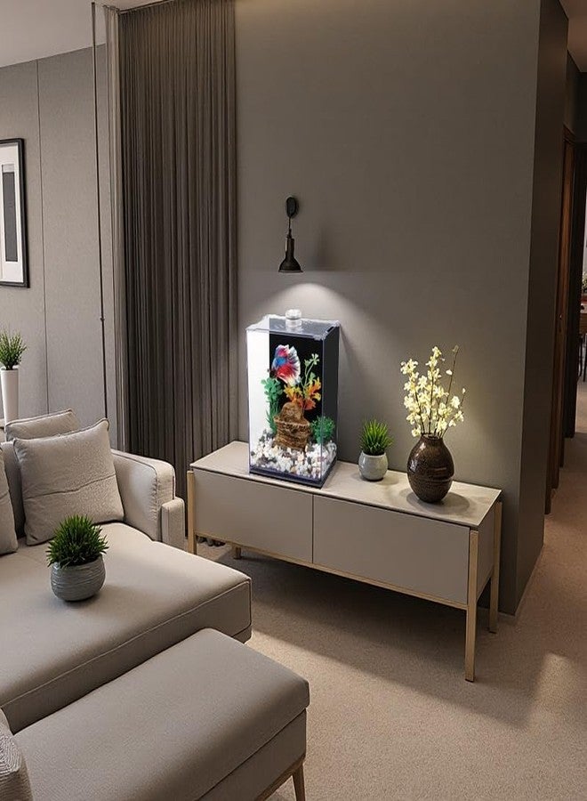BEGONDIS حوض سمك بيتا بإضاءة LED، 15×10×20 سم، حوض أكريليك مع غطاء وورق جدران أسود - Image 4