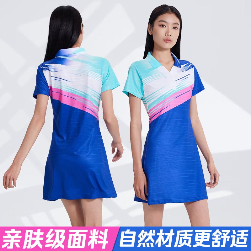 Generic Womens Tennis Suit dress suit Short-sleeved Training Suit Printed Sportswear Competition Suit Badminton Suit Quick-drying 8821 colorful blue dress [comes with lining