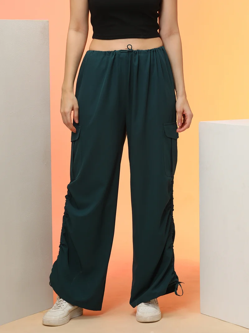 globus Globus Women Green Relaxed Loose Fit Ruching High Rise Cargo