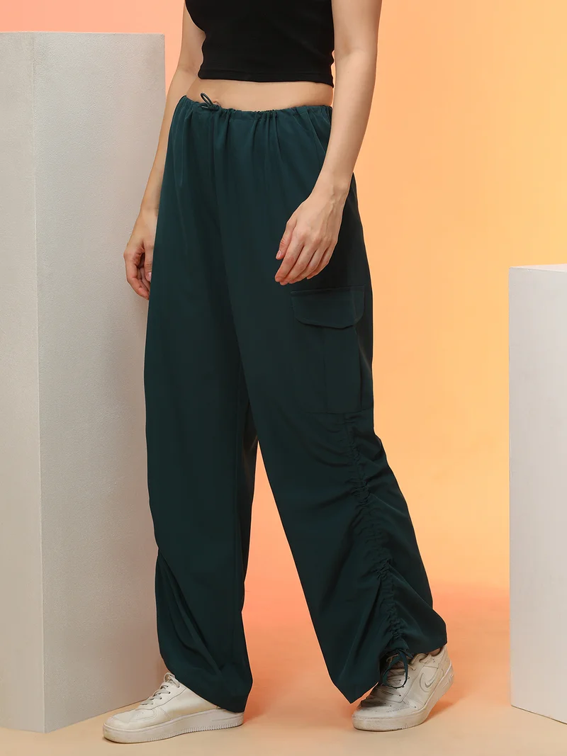 globus Globus Women Green Relaxed Loose Fit Ruching High Rise Cargo