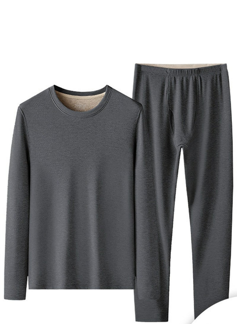 Loquat Mens Solid Color Large Size Crew-Neck Thick Thermal Underwear Shirt Cold Weather Base Layer,Long Sleeve T-Shirt Loungewear Dark Grey 