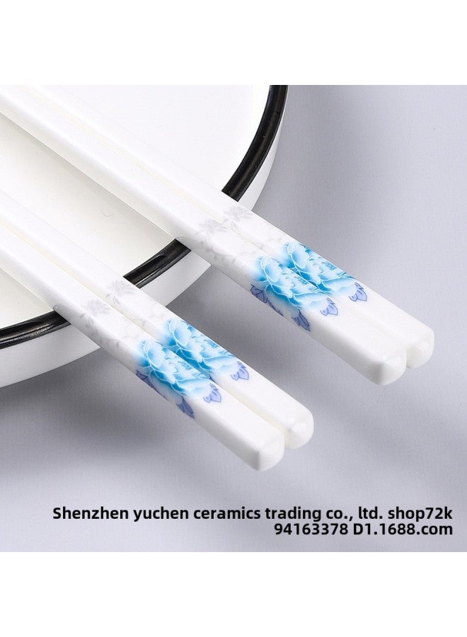 Ceramic Chopsticks Household Restaurant Environmental Protection, Health, High Temperature, Easy To Clean, No Mold, High Color Value Bone Ceramic Tableware-Color:Blue And Flower Lotus Rhyme  - Image 1