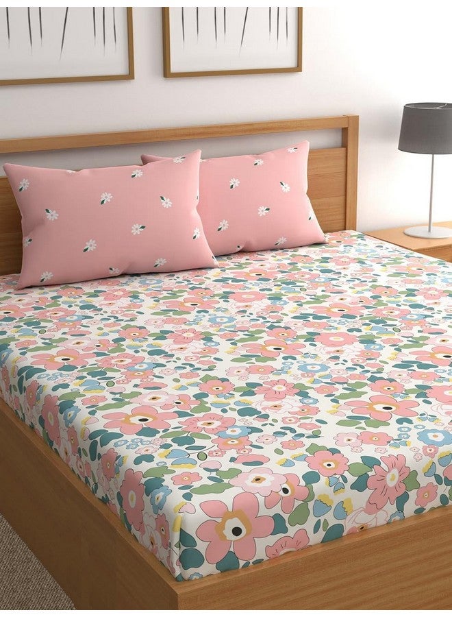 LOOMLYFE Microfiber Soft Cotton Bedsheet for Double Bed, Size 90x100 inches with 2 Large Size Pillow Covers Without Joint - PinkFlowers - Image 1