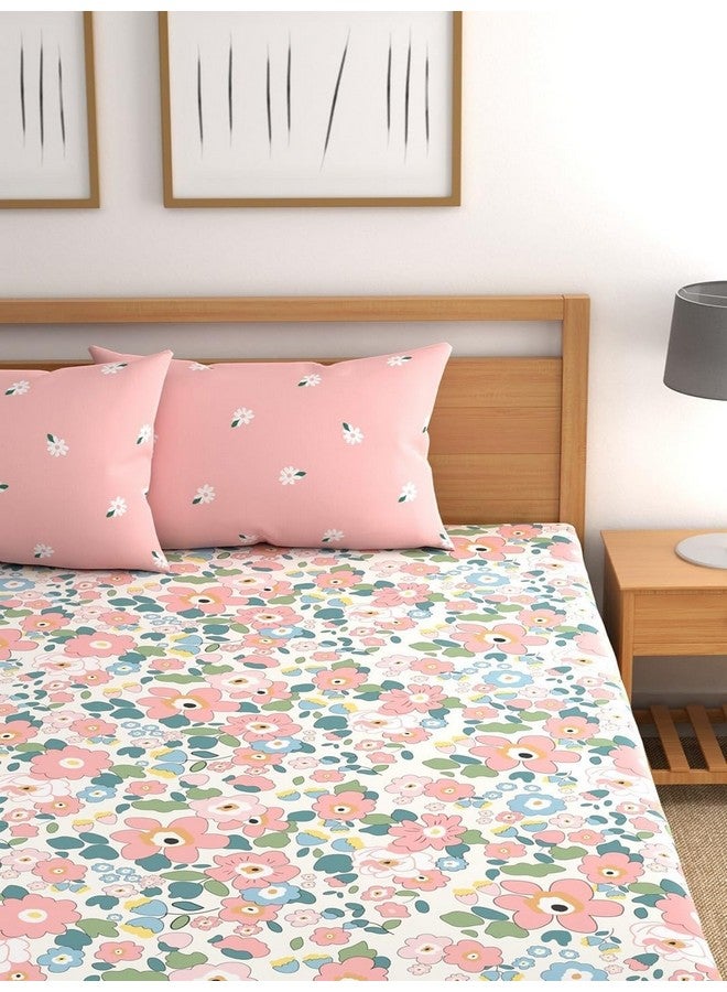 LOOMLYFE Microfiber Soft Cotton Bedsheet for Double Bed, Size 90x100 inches with 2 Large Size Pillow Covers Without Joint - PinkFlowers - Image 2