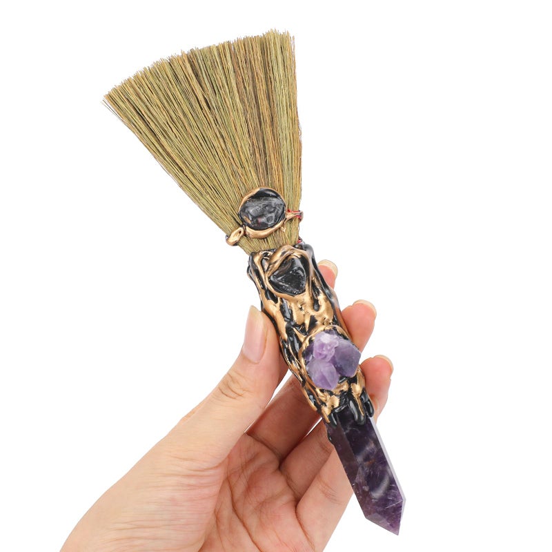 RENEMEGO Crystal Witch Altar Broom Handmade Magic Witch Broomstick with Amethyst Natural Healing Crystals Stones Hexagonal Points Reiki Energy Balancing Chakra Meditation Therapy Gift 8 Inches - Image 3