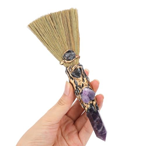 RENEMEGO Crystal Witch Altar Broom Handmade Magic Witch Broomstick with Amethyst Natural Healing Crystals Stones Hexagonal Points Reiki Energy Balancing Chakra Meditation Therapy Gift 8 Inches - Image 2
