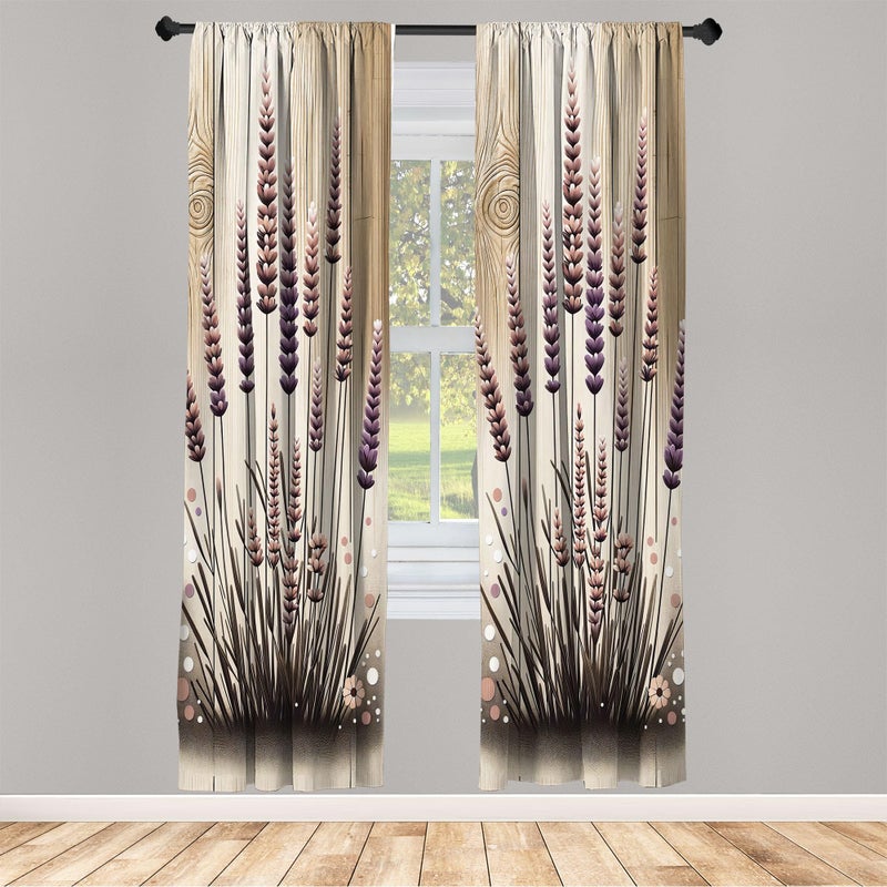 Ambesonne Cottagecore Curtains  Rustic Style Botanical Bloom Lavender Branches Dots Floral Joy  Window Treatments 2 Panel Set for Living Room Bedroom  Pair of - 28"" x 84""  Pastel Brown and Mauve - Image 2