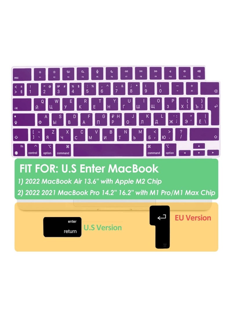 AMM EU/UK Layout Russian English Silicone Keyboard Cover Skin for M2 MacBook Air 13.6 inch 2022 A2681 & MacBook Pro 14 inch 2022 2021 A2442 M1 & MacBook Pro 16 inch 2022 2021 A2485 M1 Purple - Image 2