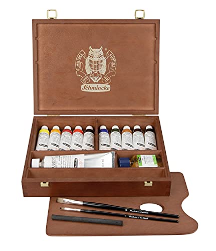 Schmincke - MUSSINI® Finest Resin Oil Colors Premium Wooden Box Oil Painting, 10 x 35 ml Set, 70 213 097, Walnut Tinted, White 150 ml - Image 1