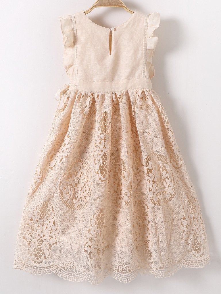 Bow Dream Flower Girl's Dress Vintage Lace Peach 8 - Image 3