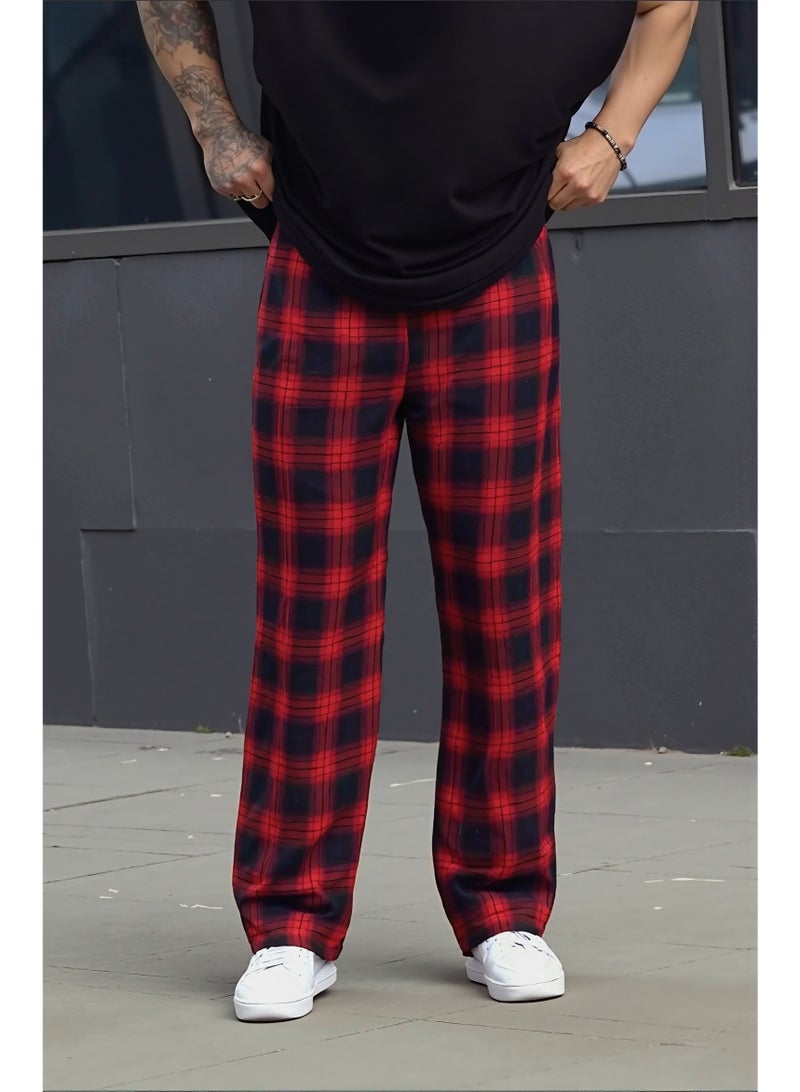 Men's Red Black Plaid Checkered Pants Loose Fit Straight Leg Drawstring Casual Trousers - Image 1