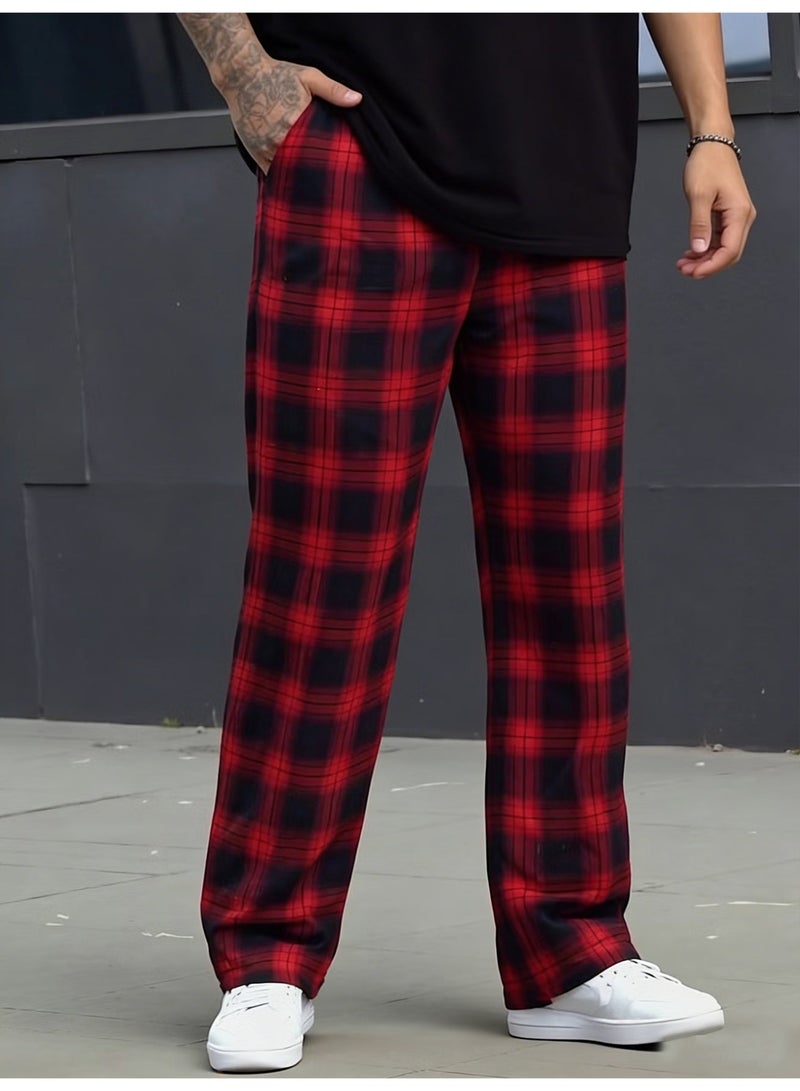 Men's Red Black Plaid Checkered Pants Loose Fit Straight Leg Drawstring Casual Trousers - Image 2