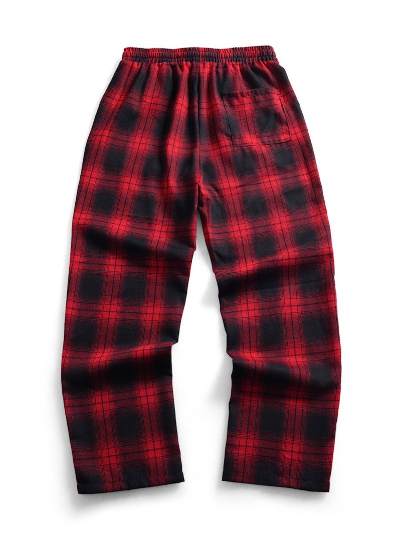 Men's Red Black Plaid Checkered Pants Loose Fit Straight Leg Drawstring Casual Trousers - Image 5