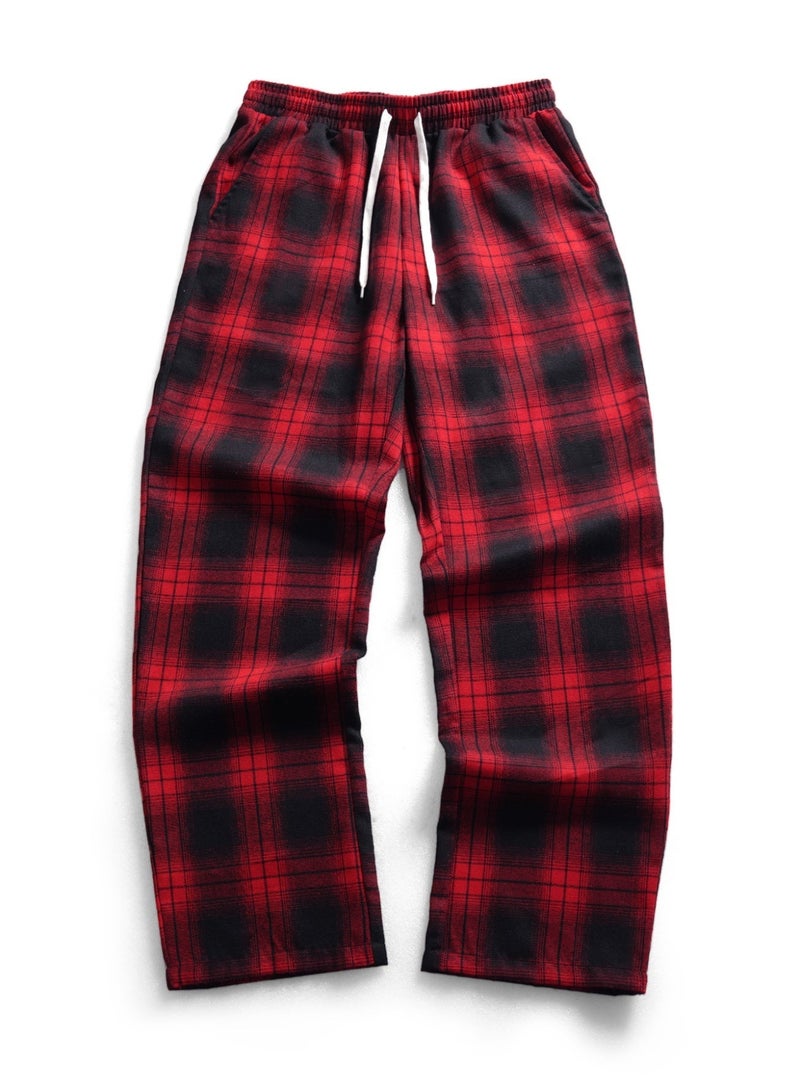 Men's Red Black Plaid Checkered Pants Loose Fit Straight Leg Drawstring Casual Trousers - Image 4